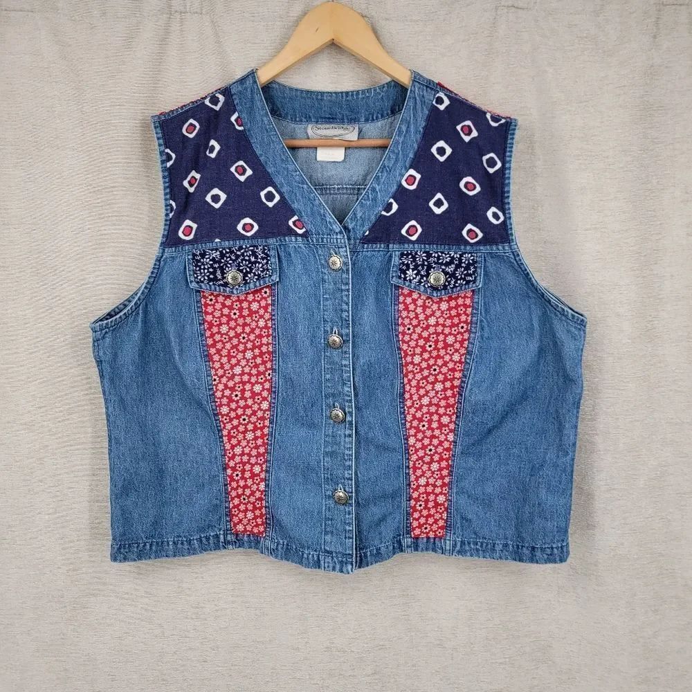 Stonebridge Vintage Denim Vest with Red and Blue Patchwork Patriotic
